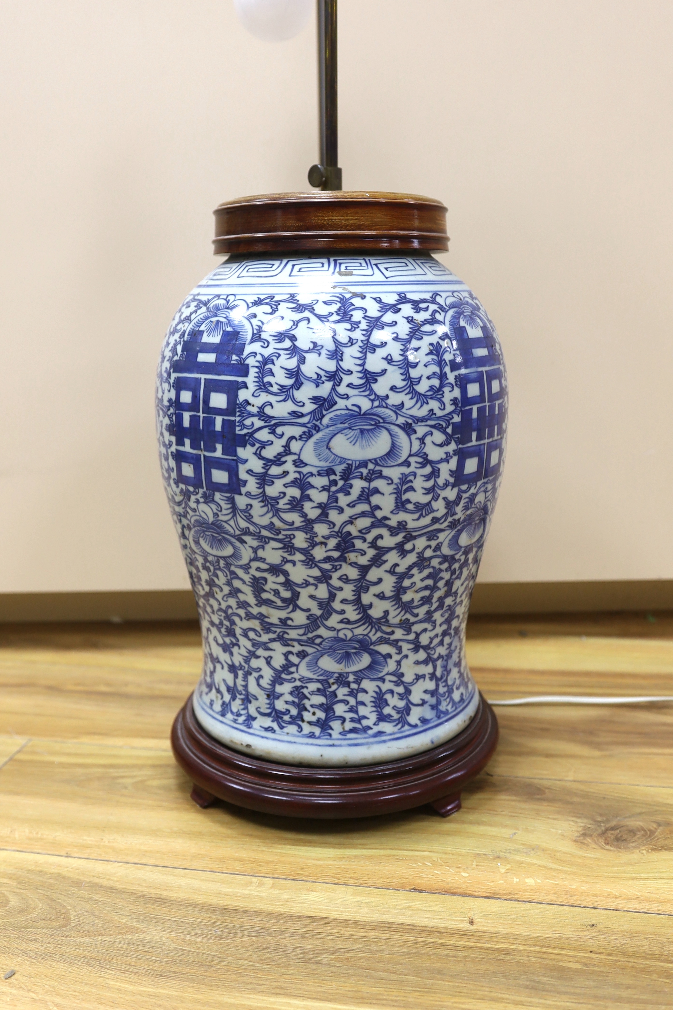 A large Chinese blue and white ‘shuangxi’ vase, now mounted as a lamp, overall 78cm high